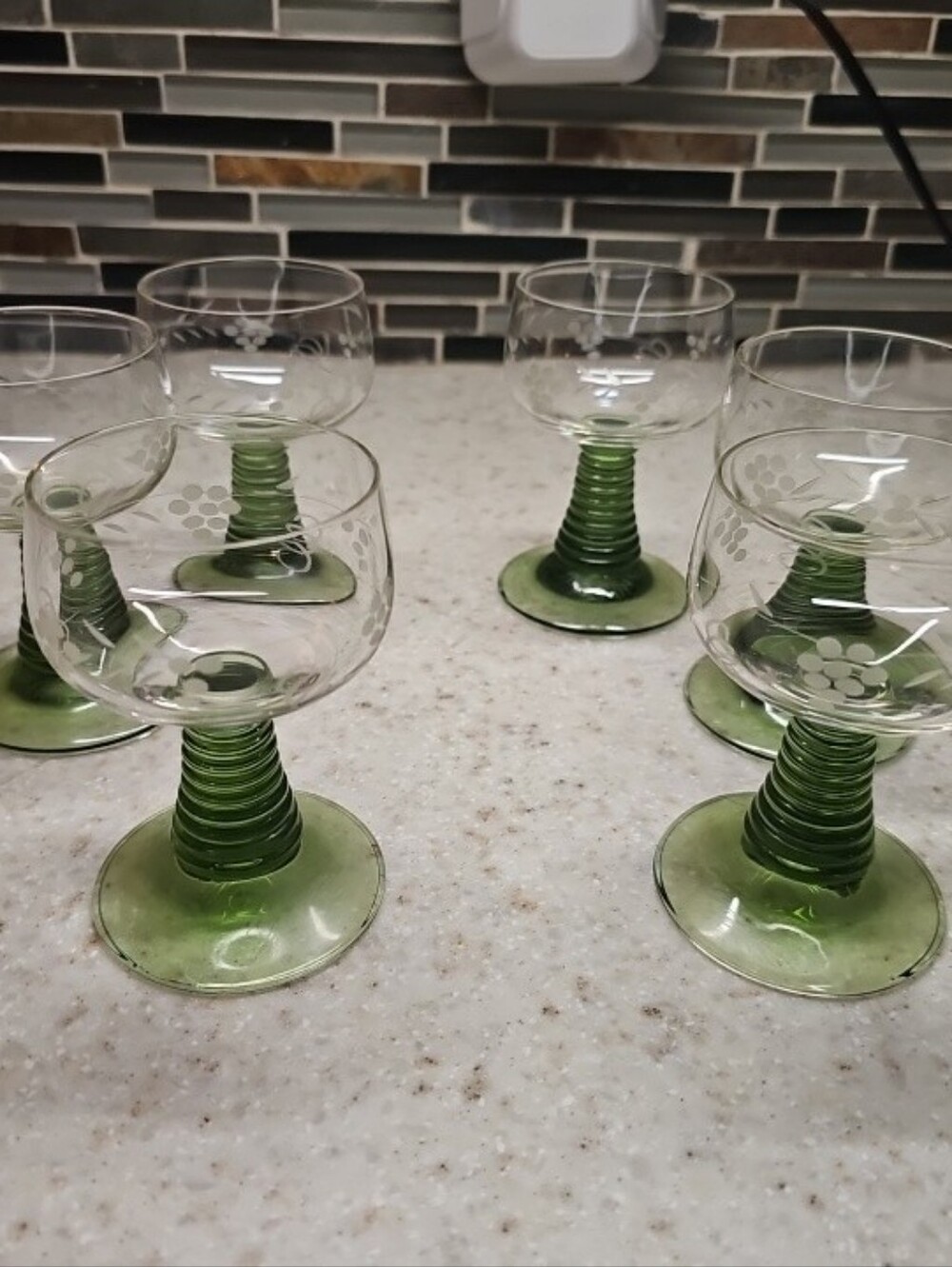 Set Of 6 Vintage Roemer German Wine Glasses Green Beehive Base & Clear EUC